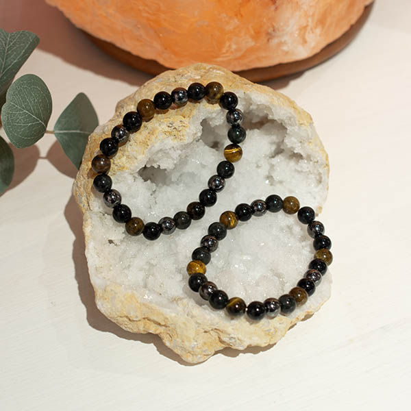 Svart Obsidian, Hematit & Tigeröga - 8 mm armband